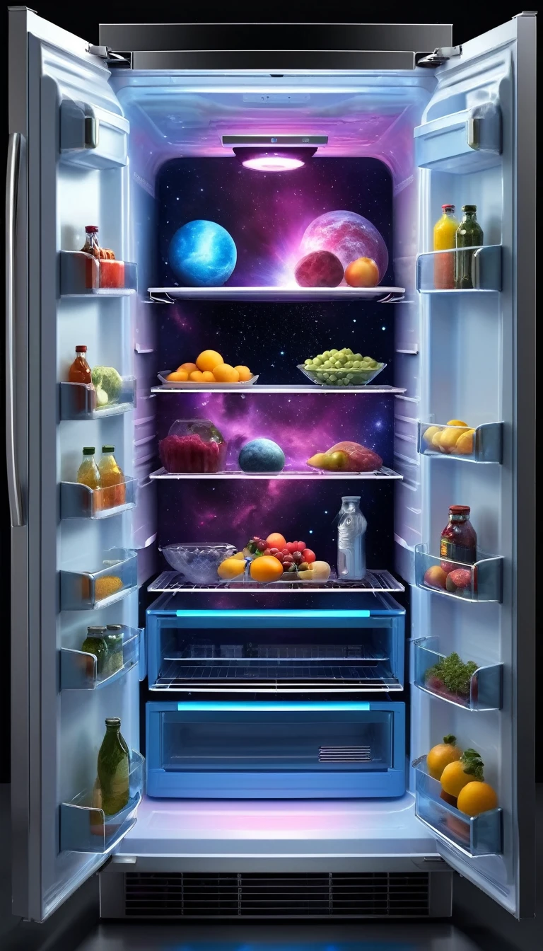 Space nebula in the fridge,Futuristic SF refrigerator,The refrigerator has a space-time channel，(Alien spaceship travels through time inside a refrigerator:1.2)，Space nebula in the fridge,There&#39;There&#39;s still room in the fridge，(Space planet in the fridge:1.3)，epic surreal art style,Epic sci-fi art style,Epic digital fantasy illustration,epic mythological art style,Epic futuristic art style,steampunk