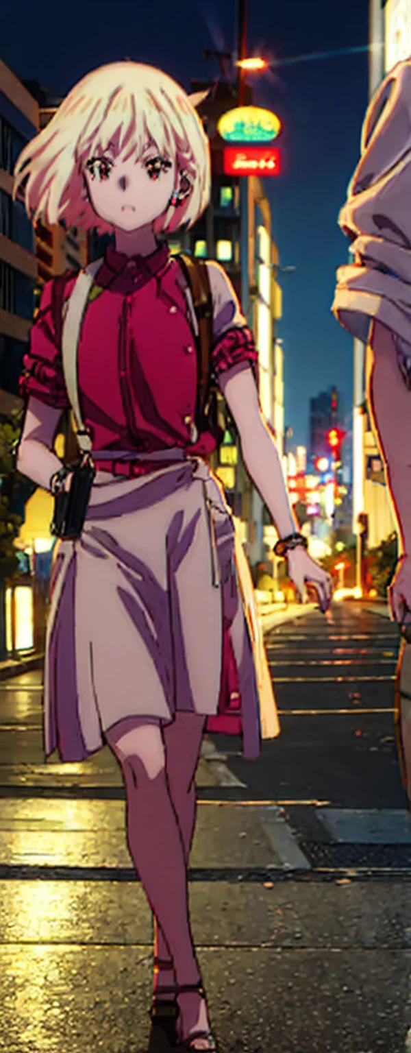 High resolution, High resolution,2D Anime Style,,Cool woman,Mature,,20th generation,short hair,Blonde,Red eyes,Beautiful Watches,Beautiful earrings,Street fashion,Walking,night,