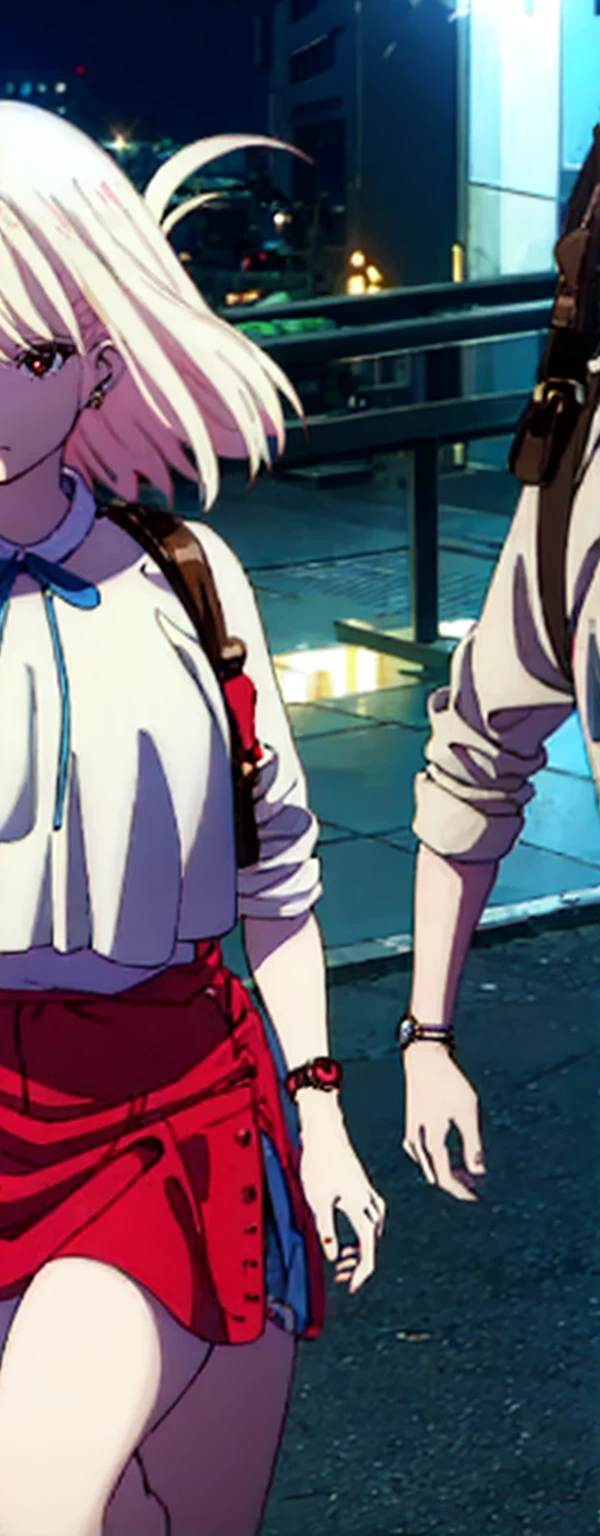 High resolution, High resolution,2D Anime Style,,Cool woman,Mature,,20th generation,short hair,Blonde,Red eyes,Beautiful Watches,Beautiful earrings,Street fashion,Walking,night,