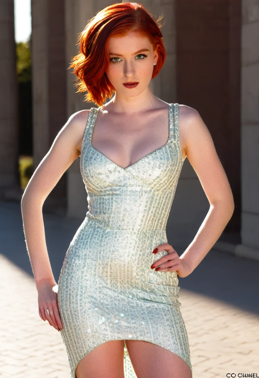 25years old woman with Red hair and piercings posing for a picture, Red hair and attractive features, Red hair girl, Red haired young woman, reddish hair, red glowing hair, red head, with Red hair, woman with Red hair, Red hair, crimson Red hair and red eyes, Red haired girl, red-haired woman, red-crimson hair, red-haired young woman, full body view, (dress from Coco Chanel:1.3), wear an intriguing sexy dress with a high slit, (Medium breasts), (Perfect body), outside, (Skin texture:1.1), Best quality, Ultra high resolution, Raw-Photo, Canon P6, backlight, rim light, Bright sunlight, Filmcorn:1.2, (warm tone, warm tone:1.2), (color photo), transparent dress show all,