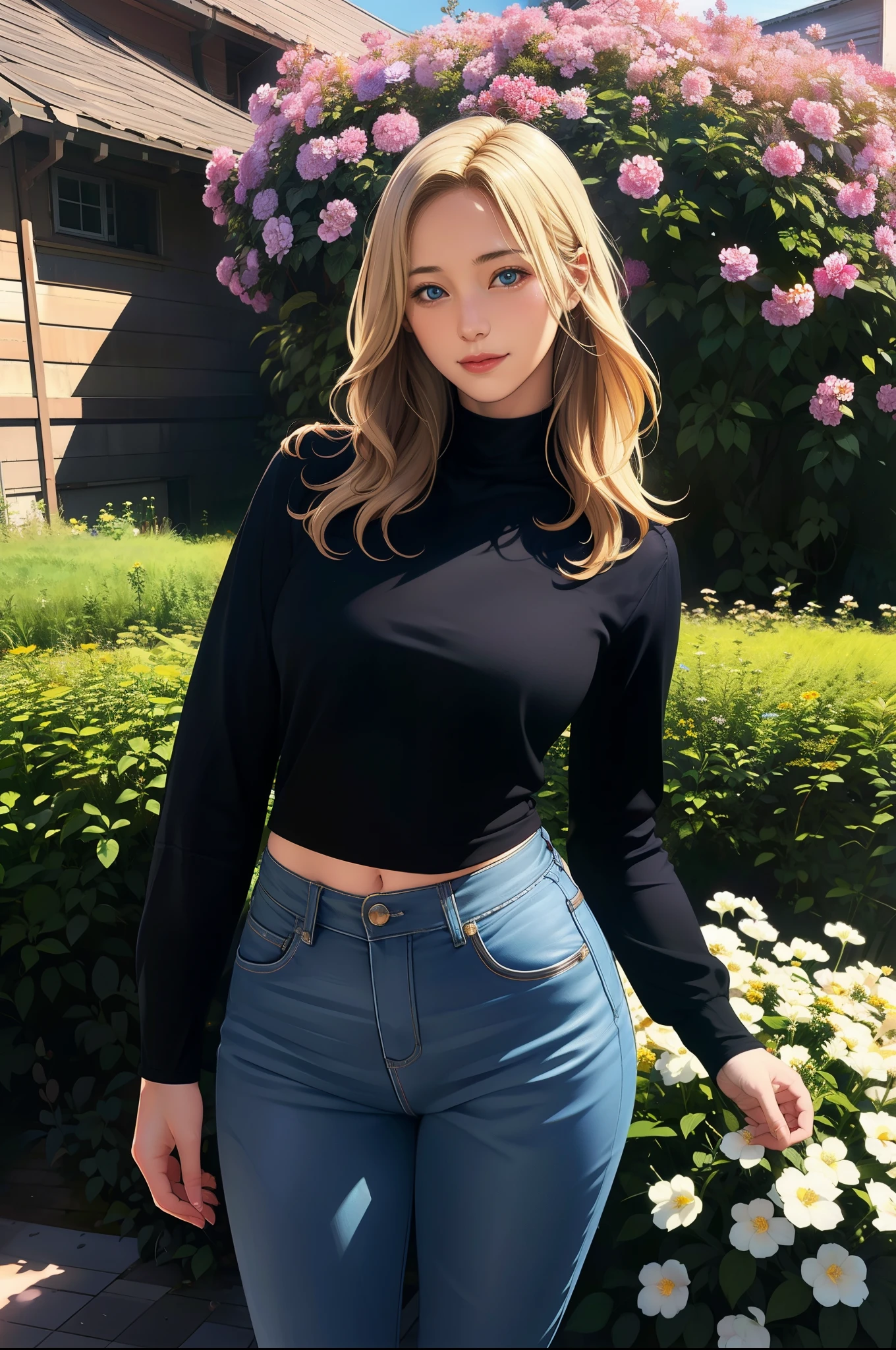 1girl, long blonde hair, beautiful detailed eyes, blue eyes, beautiful detailed lips, smile, blue long sleeve shirt, long black jeans, blue shoes, standing, fullbody shot, flower garden, (best quality,8k,highres,masterpiece:1.2),ultra-detailed,(realistic,photorealistic,photo-realistic:1.37),HDR,vivid colors,natural lighting,cinematic mood,fantasy,soft lighting