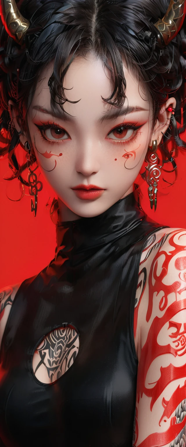 best quality,highres,extreme detail description,Professional,Studio lighting,a character with a dark,wavy hairstyle adorned with red horns,The character has a tattooed face,with intricate designs covering their cheeks,forehead,and neck,They are wearing a black outfit with red accents,and their fingers are covered in multiple rings,The background is a vibrant red,and the overall style of the image is reminiscent of fantasy or anime art,