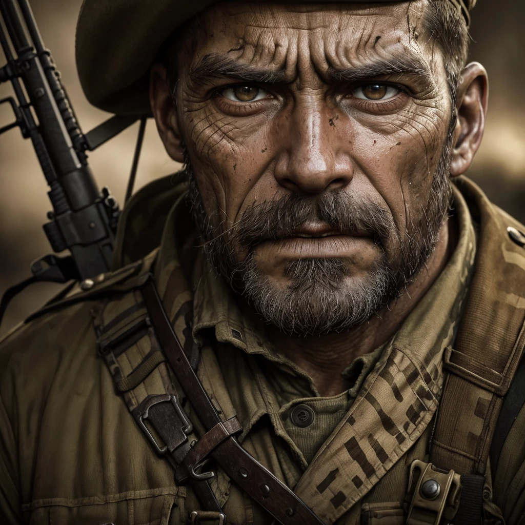 World War II, detailed facial features, gripping rifle, rugged weathered face, intense determined expression, gritty realistic military scene, dramatic cinematic lighting, earth-toned color palette, highly detailed intricate textures, photorealistic quality, masterpiece