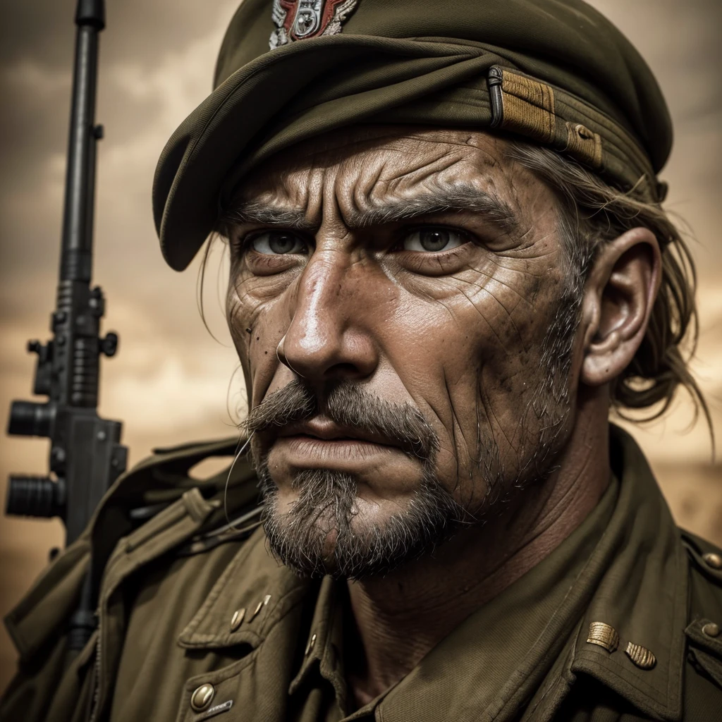 World War II,  detailed facial features, gripping rifle, rugged weathered face, intense determined expression, gritty realistic military scene, dramatic cinematic lighting, earth-toned color palette, highly detailed intricate textures, photorealistic quality, masterpiece