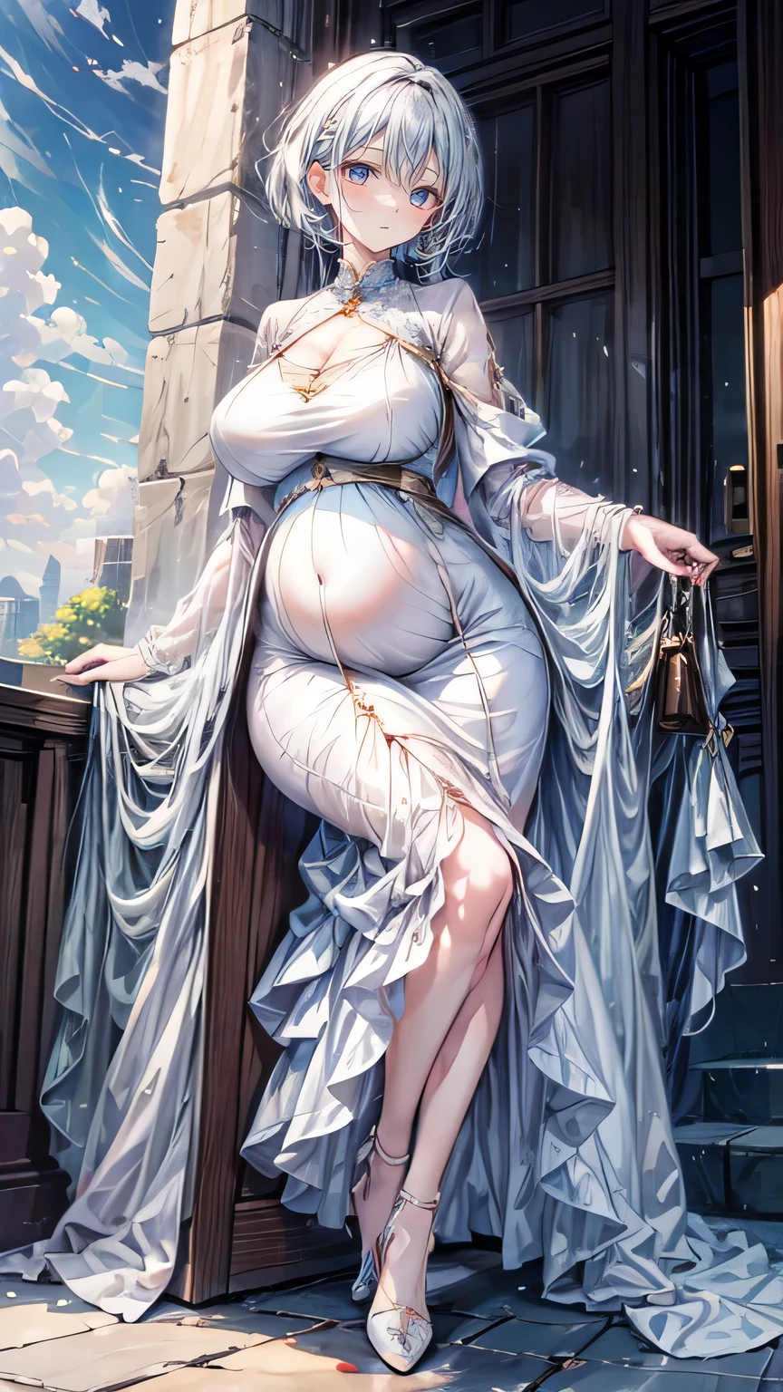 A mature woman,extra very short hair,a white long skirt,long face,Long face shape,Long face shape,high-heels, 10 monthes pregnant.