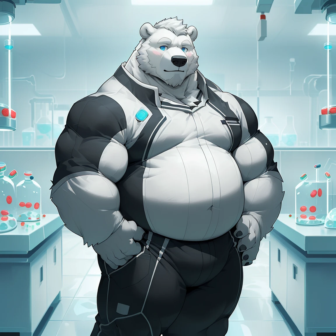 masterpiece, best quality, 8k resolution, Very detailed, hairy，(((polar bear))，(((Mature)))，(((beard))),(((fat)))，(((White hair all over body)))，(((portrait)))，(((White hair)))，(((Standing))),(((Black suit)))，(((Blue Eyes)))，(((Left hand on waist)))，Highest quality scene，(((Hip bulge))),(((Pills in right hand)))，(((Fat-enclosed muscle)))，(((Round face)))，(((laboratory)))，(((Experiment)))，(((Solitary)))
