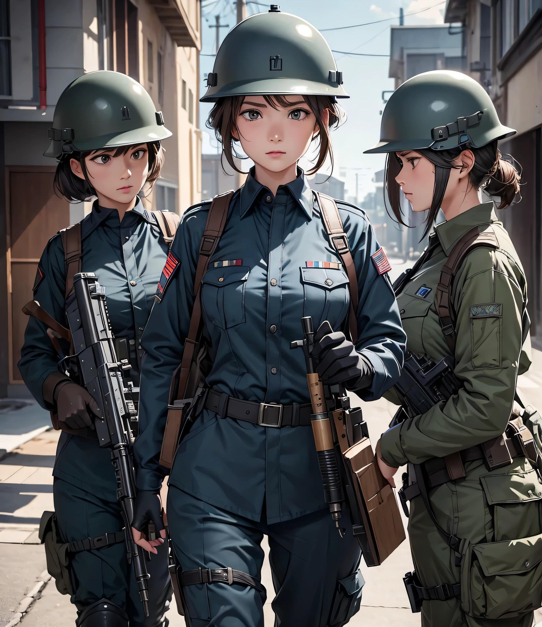 A group of female soldiers in navy military uniforms, wearing steel helmets, equipped with individual gear sets, holding guns on alert, extremely detailed information, masterpiece, best quality, highly detailed CG, 8K