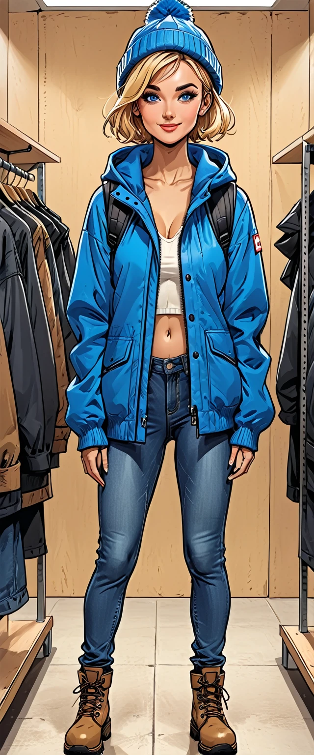 ((white changing room in the store)), smile, cloth store,fullbody, girl in Blue oversized hoodie and levis (jeans) and gloves and hiking boots and 
winter synthetic vest and winter pants and winter hat in a dynamic pose, adult, [Nordic], Hourglass elongated fitness body, perfect Olive skin, Oval Face, Long neck, Rounded shoulders, perfect hand, Attached Pointed ears, round forehead, (Short blonde Waves pixie hair), snub nose, Arched eyebrows, ((Monolid blue Eyes)), High Round Narrow cheekbones, Dimpled Cheeks, Rounded Chin, Rounded Jawline, Full nude Lips, (blue eyes), Nude Makeup Look, long eyelashes, third breast size, ong slim fitness legs, graphic style of novel comics, perfect hands, 2d, 8k, hyperrealism, masterpiece, high resolution, best quality, ultra-detailed, super realistic, Hyperrealistic art, high-quality, ultra high res, highest detailed, lot of details, Extremely high-resolution details, incredibly lifelike, colourful, soft cinematic light,