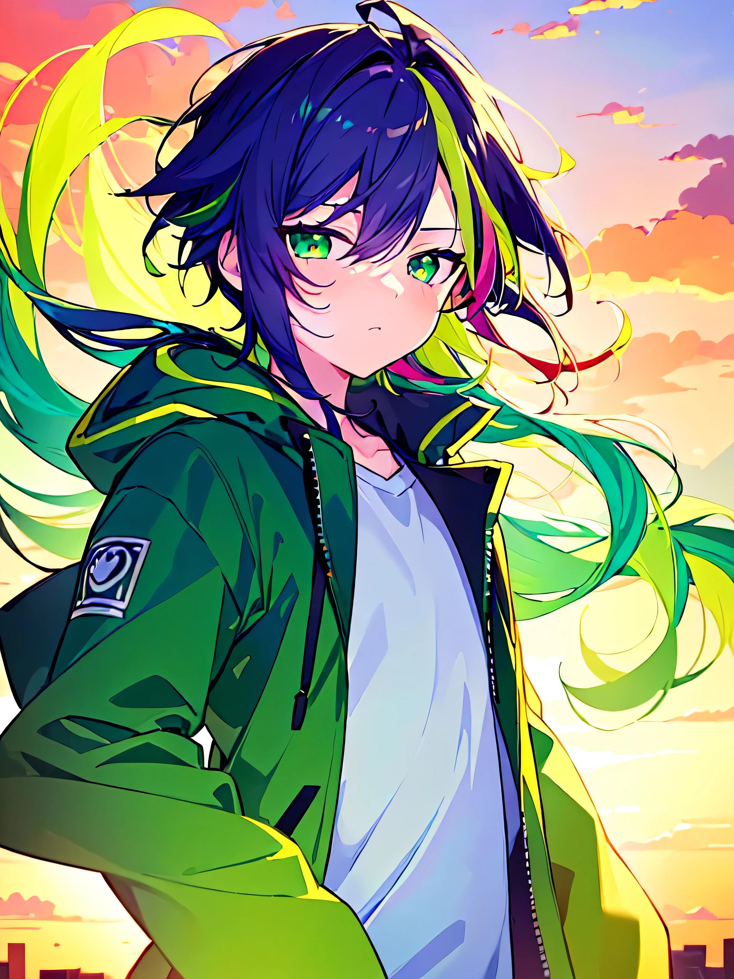 [(SUMMER BACKGROUND:1.5),::5], ((((masterpiece)))), high quality, ultra very high resolution, full color, (((solo))), (()), Purple hair, ((Green streaked hair)), (Green eyes), anime, ((upper body)), neon light, black parka, OVERDRIVE, SUNSET