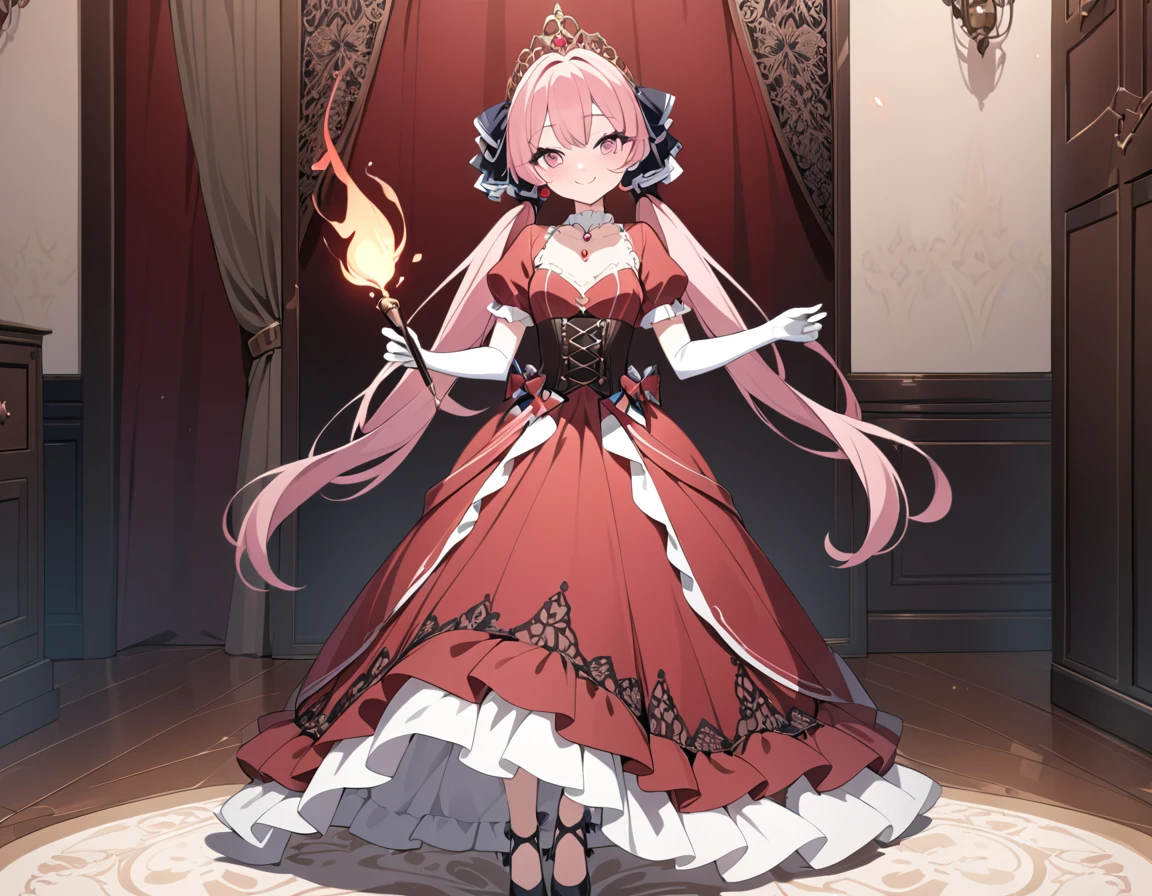 (best quality,4k,8k,highres,masterpiece:1.2),ultra-detailed, steampunk settings, Pretty 15 years old princess, drawn in anime style, she’s cute and joyful, smiling, long red pigtails hair, pink eyes, small breast, lipstick, makeup, pink eyeshadow, long eyelashes, dainty and delicate body, red princess gown with puffy sleeves, physically-based rendering,gorgeous dress design,flowing gown,elaborate lace details,rich textures,contrast stitching,delicate ribbon bows,floral accents,long maxi skirt,short sleeves,fitted waistline,lace-up back,luxurious fabrics,flawless silhouette, petticoat, bustle, corset, hair ribbons, white elbow gloves, ruby earrings and necklace, gold tiara, high heels, holding a magic fire wand, standing in princess bedroom with lacy curtains and red floral wallpaper.