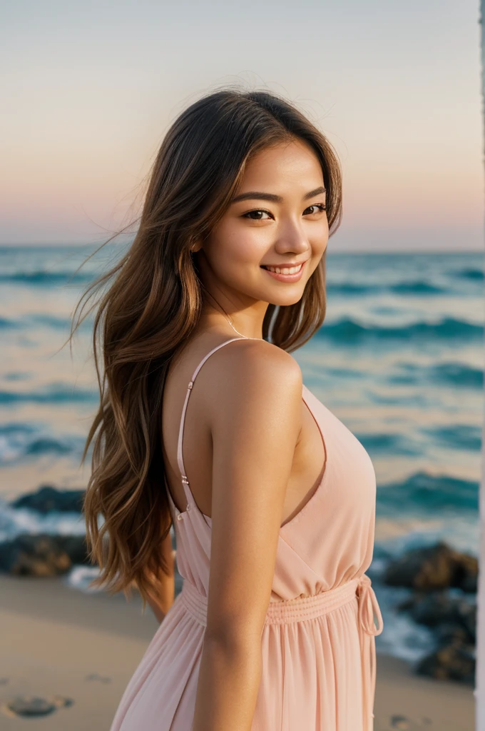 Create a high-resolution photorealistic image of a beautiful woman with a radiant, natural complexion enhanced by soft blush. She is standing at the edge of the sea, with the background clearly visible but the focus is on her face. The blush is a soft, warm shade that complements her skin tone, adding a touch of warmth and depth to her face. She is smiling and looks happy, with the lighting accentuating her natural glow and the delicate pigmentation of the blush, highlighting a fresh, youthful look. Use a 85mm lens at f/1.8 to capture the portrait, ensuring sharpness on her face with a softly blurred background. The scene is bathed in golden hour light, adding a soft, warm ambiance to the image."