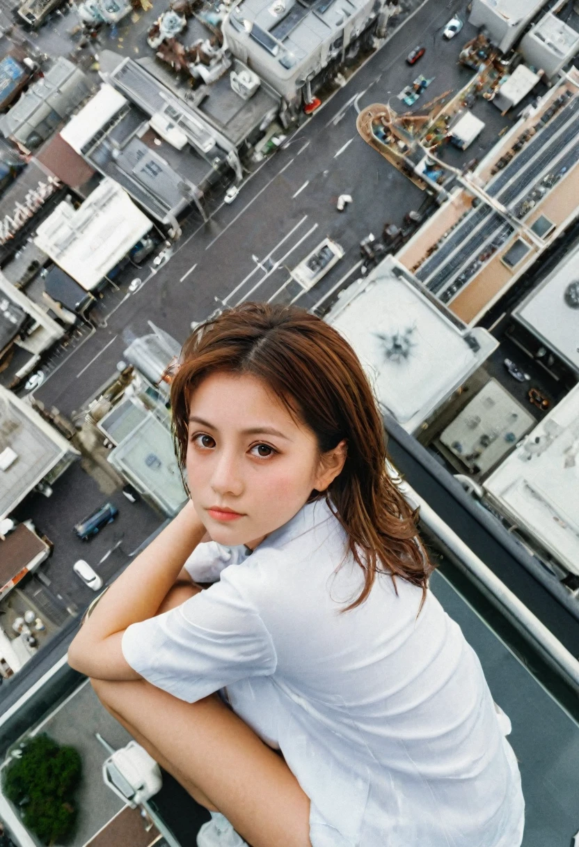 (masterpiece, best quality), (extreme high angle shot), shot from above, 1girl, solo, billboard, brown eyes, brown hair, building, tokyo city, cloudy sky, from side, light frown, looking at viewer, outdoors, rooftop, sky, skyscraper