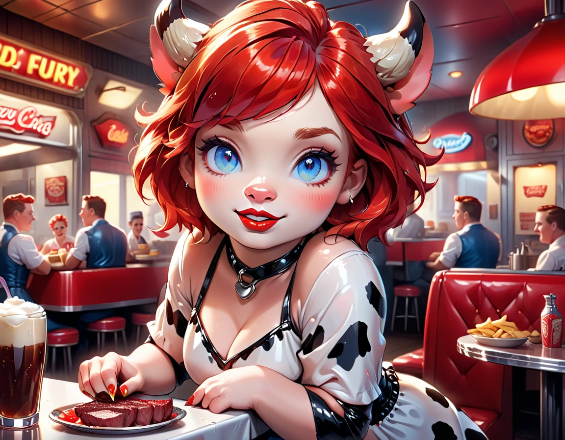 a 3D digital painting picture of extremely beautiful  (anthropomorphic cow:1.3) serving a big sirloin steak in American diner, an exquisite beautiful female (cow anthropomorphic:1.3), ultra feminine ultra detailed face, red hair, short hair, little fury, red lips, blue eyes, wearing sexy white seductive latex dress, looking at a American  kitchen background,  dynamic angle, , award winning, best quality, high quality, high details, highres, vibrant, Ultra-high resolution, High Contrast, (masterpiece:1.5), highest quality, Best aesthetics, best details, best quality, highres, ultra wide angle, 16k, [ultra detailed], masterpiece, best quality,  photorealistic, 3D rendering, furry