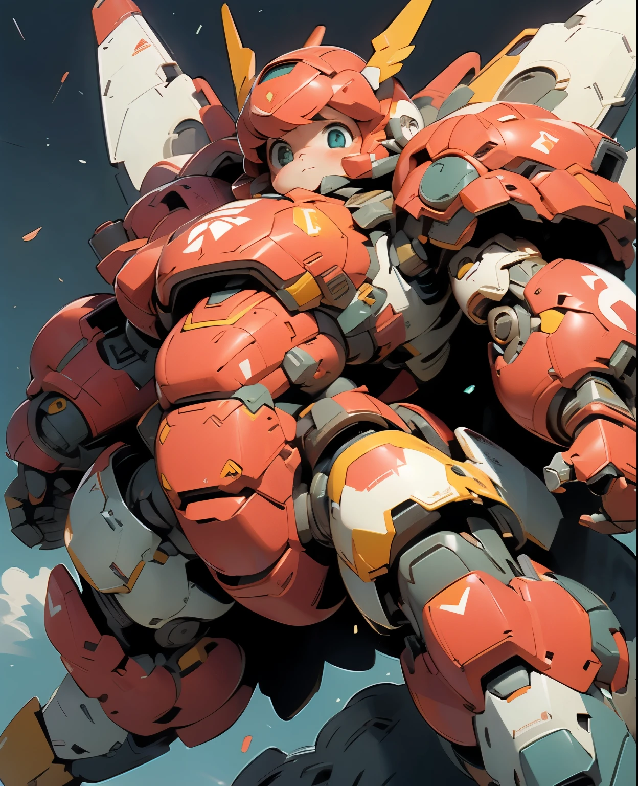 (((1 chibi girl in large red-colored robot costume, from below))), (holding weapons), (chibi), (bulky:1.8), (((helmet:1.5))), large cute face, (((looking down:1.5))), mechanical parts, ((mechanical wings)), (full armor:1.8), (mecha armor:1.8), (shoulder guards:1.2),(huger arms), ((mechanical arms:1.5)), (short legs), (huger body:1.8), (heavy equipment:1.6), (from below), (headgear), blue sky, white clouds, robot joints, becoming a mecha, mecha, (RARS), (HRS), ROBOTANIMESTYLE, BJ_Cute_Mech,cute, girl BREAK ((masterpiece)), vibrant colors, 8k, best quality, ultra detailed illustration, ((best quality)), ((high resolution)), flawless skin textures, shiny oiled skin, extremely detailed anime eyes , extreme light and shadow