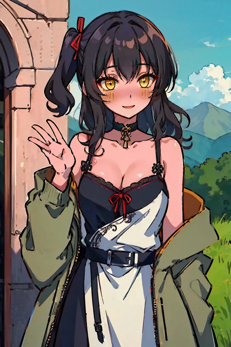 (masterpiece:1.2), (high quality:1.2), (hui xiyi:0.7), rekkyo sensen, rekkyou sensen, girls with((1girl, solo, black hair, yellow eyes, (wavy medium hair, one side up:1.3), blush, breasts, choker, cleavage, coat, collar, collarbone, cowboy shot, purple camisole, dress, black ribbon belt, red bow, red ribbon, neck ribbon, fur, khaki jacket, hood down, hooded coat, hooded jacket, hoodie, jacket, large breasts, long hair, long sleeves, medium breasts, open clothes, open coat,open hoodie, sleeveless, winter clothes, zipper, cleavage, upper body, hand up, waving, palm)), background with((architecture, blue sky, bush, castle, village, no humans, cloud, cloudy sky, day, field, garden, grass, hill, house, lamppost, landscape, mountain, mountainous horizon, nature, no humans, outdoors, scenery, shrine, sky))