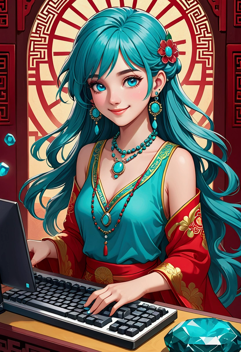 masterpiece, Highest quality, Super detailed, figure,(One girl),Beautiful attention to detail, View your viewers, (Holding a computer keyboard), Happy, (Turquoise Hair:1), (Blue round eyes:1), (Round earrings), (turquoise large gemstone necklace), Cute round face, Long Hair, smile, Fantasy Chinese Clothing
