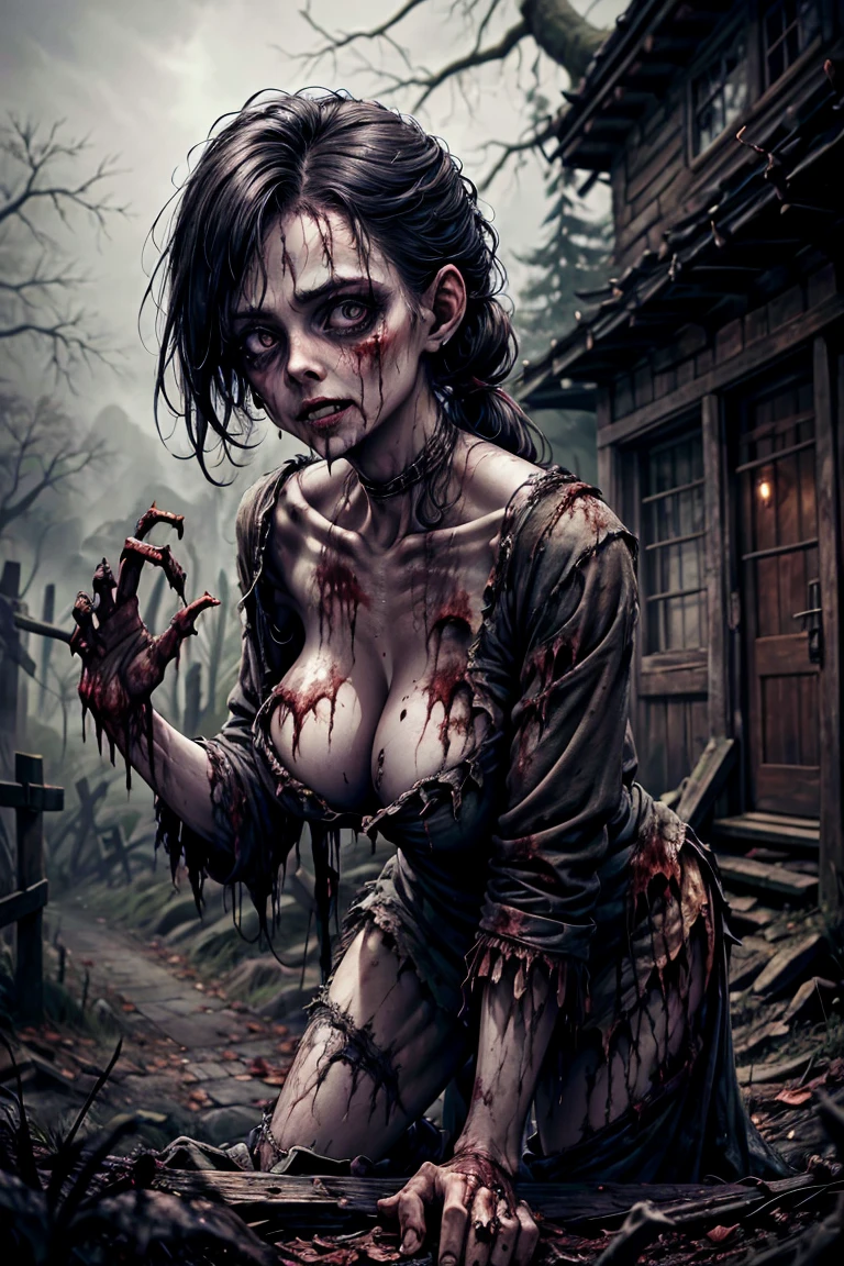 A female zombie with a very alluring appearance, standing in a dark, eerie forest. She has decayed but very attractive features, plump, very big breasts, wearing a tattered dress, partially exposed skeletal elements, and decaying flesh. She is in an action pose, slightly bent forward with one hand reaching out in front of her and the other held closer to her body, as if she has just discovered something interesting. Her expression shows curiosity and focus. The setting is atmospheric with mist swirling around the trees and a faint, eerie light illuminating the scene.