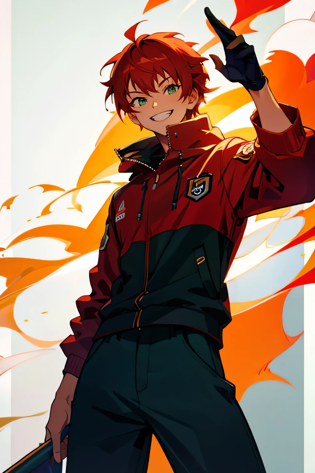 (masterpiece), ((sfw)), best quality, expressive eyes, perfect face, , (1girl,, young adult, handsome girl, longer face, flat body), solo, red hair messy short Wolf cut hair, green eyes BREAK (tanned skin, tanned male), cowboy shot, smile, grin, hoddie with racing car jacket on top BREAK black pants BREAK standing, :D, smile, boy looking, longer face 