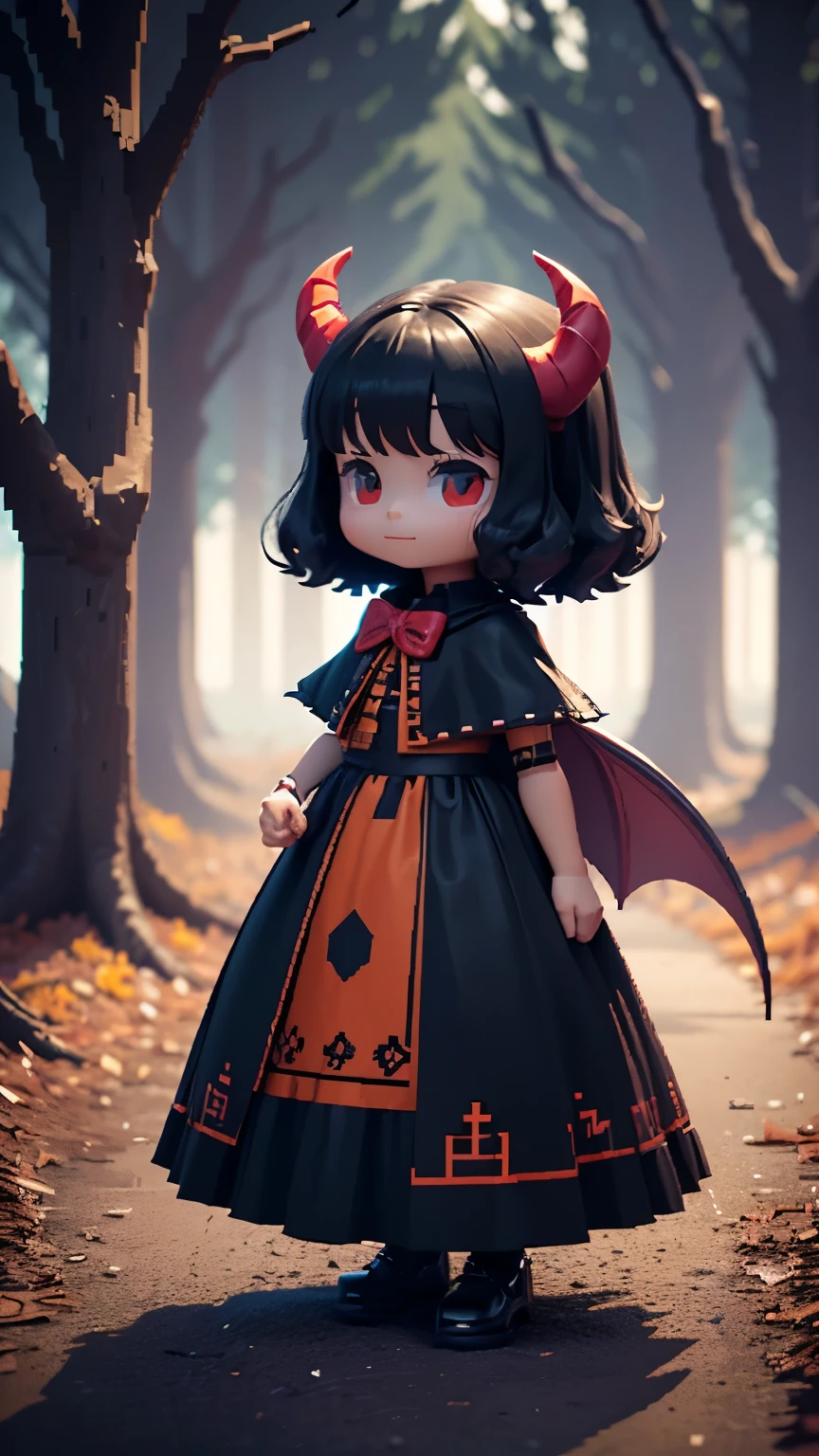 voxels,(3d big pixel art),(3d pixel art:1.2),solo,voxels,(3d big pixel art),(3d pixel art:1.2),cute horror fantasy, disney-style horror effects,picture-book style,children-book style, BREAK ,solo,1girl\((devil:1.6),cute,(dancing:1.4),evil smile,pure black skin,bags under eyes,long eyebrow,big eyes,chibi,long nail,orange eyes,hair,(looking down herself:1.3),wearing capelet\((very big:1.5),(very long:1.3),(traditional_patterned:1.2)\)\),background\(music notes, (dead trees:1.3), in the forest,shadow_pappet\(bat,doll,crow\)\),(long shot),(wide shot),(dynamic angle),(3d pixel art)
