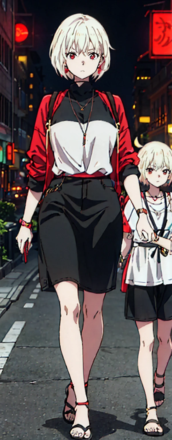 High resolution, High resolution,2D Anime Style,,Cool woman,Mature,,20th generation,short hair,Blonde,Red eyes,Beautiful Watches,Beautiful earrings,Street fashion,Walking,night,