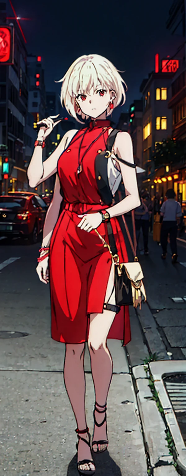 High resolution, High resolution,2D Anime Style,,Cool woman,Mature,,20th generation,short hair,Blonde,Red eyes,Beautiful Watches,Beautiful earrings,Street fashion,Walking,night,