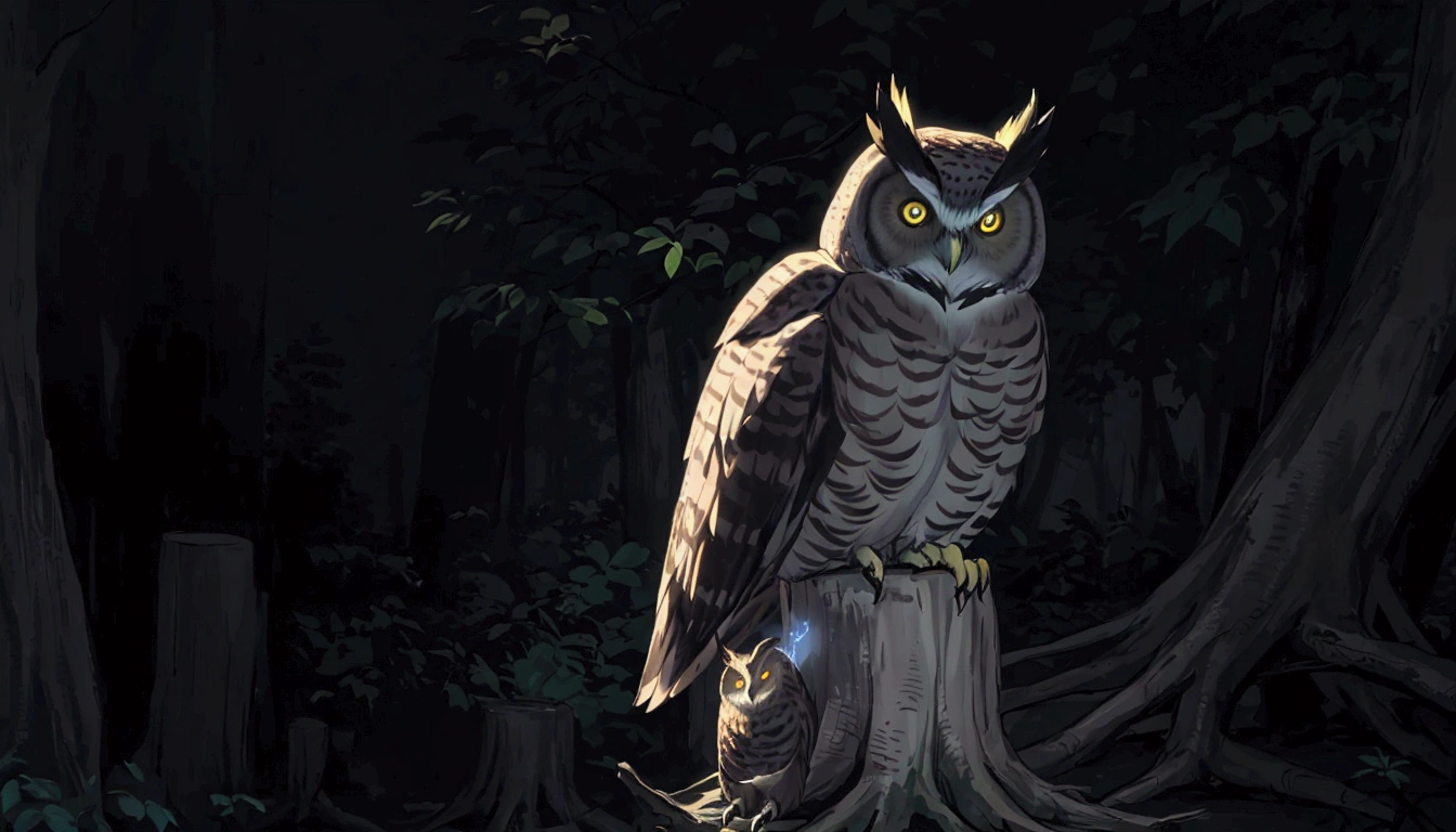 There is a large owl sitting on a tree stump in the dark, glowing owl, owl, nite - owl, an owl, with glowing yellow eyes, radiant owl, hyperrealistic robot owl, photo taken at night, on a dark green forest