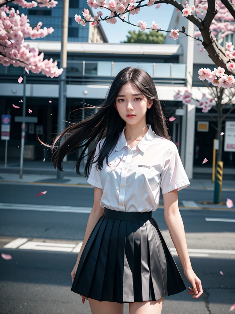 1girl, black skirt, branch, building, chain-link fence, cherry blossoms, fence, long hair, outdoors, petals, pleated skirt, rain, shirt, short sleeves, skirt, solo, standing, tree,
sky,street,Raw, cinematic shot, (sharp focus:1.5), (photorealistic:1.4), twilight lighting, volumetric lighting, ultra high res, 16K,dramatic lighting,