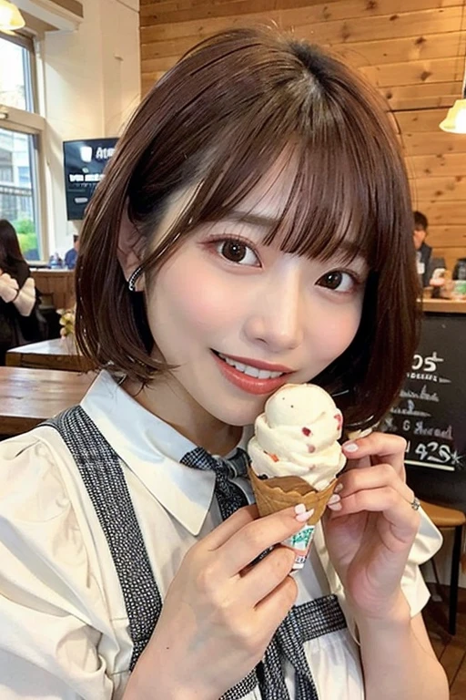 1girl, solo, open mouth,toothy smile, brown short hair,looking at viewer, white shirt, bow,holding, jewelry, earrings, food, indoors, plaid, eating in the cafe, holding food, realistic, ice cream, ice cream cone
