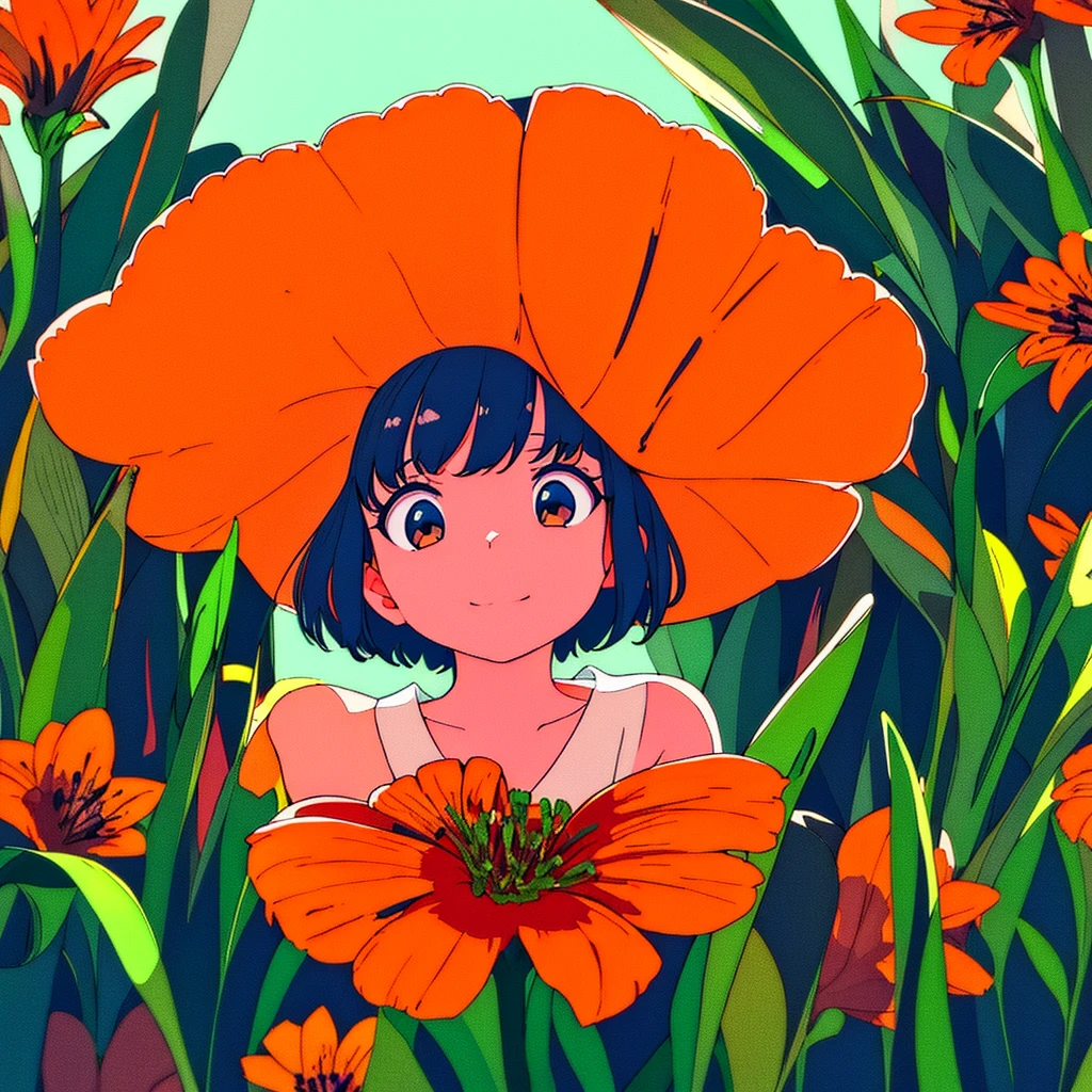 Orange plain background, girl in white dress, lily flower, simple, summer, nostalgic