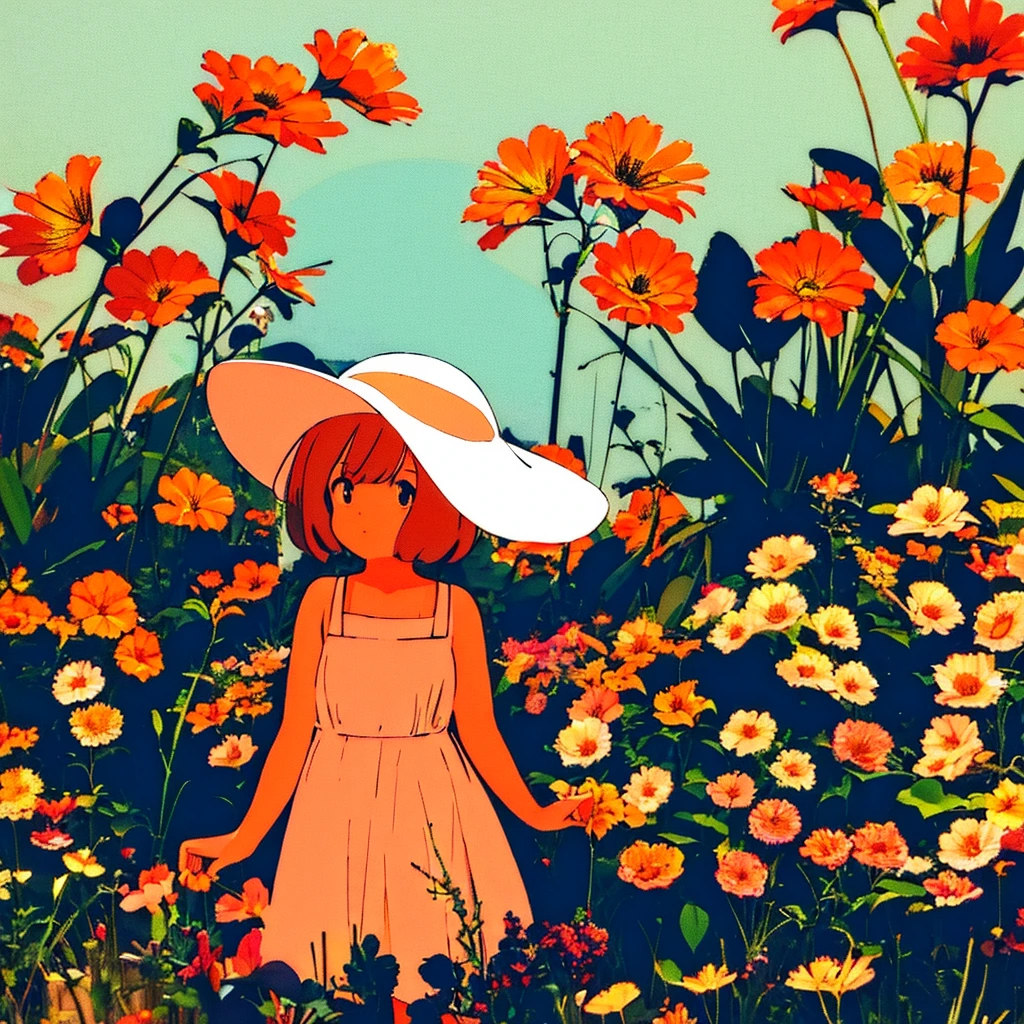 Orange plain background, girl in white dress, lily flower, simple, summer, nostalgic