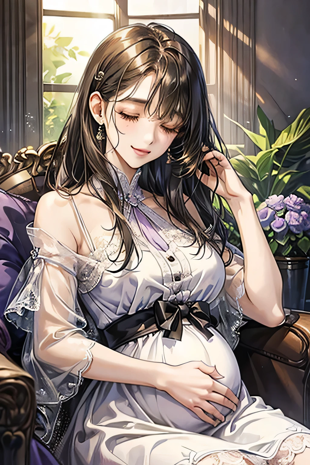droopy eyes、brown eyelids on face、smile、17 year old female、woman wearing a dress、Girls with medium hair、((long hair girl))、Girl with bangs、detailed face、pretty face、((best image quality))、mole、lace dress、White and purple clothes、white and purple dress、hair arrangement、half up、simple background、woman sitting on a rock、close your eyes, large breasts. Pregnant. Big belly bump.