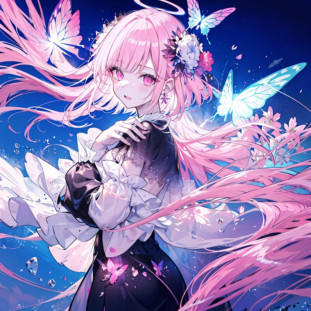 ((masterpiece:1.4,Best quality))+,(Ultra Detail)+,(Extremely detailed eyes)+,(Pointed ears:1.5),Halo
(Cute girls),15 years old,(Pink Eyes:1.15)Short pale pink hair,Thick hair(Variza:1.2),Pale skin,Fake laugh,Black pants
(She wore a pure white dress,pastel pink robes,:1.5),(White gloves:1.4)The sleeves are very long,golden string,Crystal Earrings,Leprechaun Maiden,coral crystal,Menghua,Gemstone Jewelry,钻石和Flowers的世界,Glowing Butterfly,Halo,Flowers,
(pink and white satin ribbon:1.1),
(dawn:1.2),
(Intense black and white:1.16),(Depth of Field:1.4),,Intricate details,
