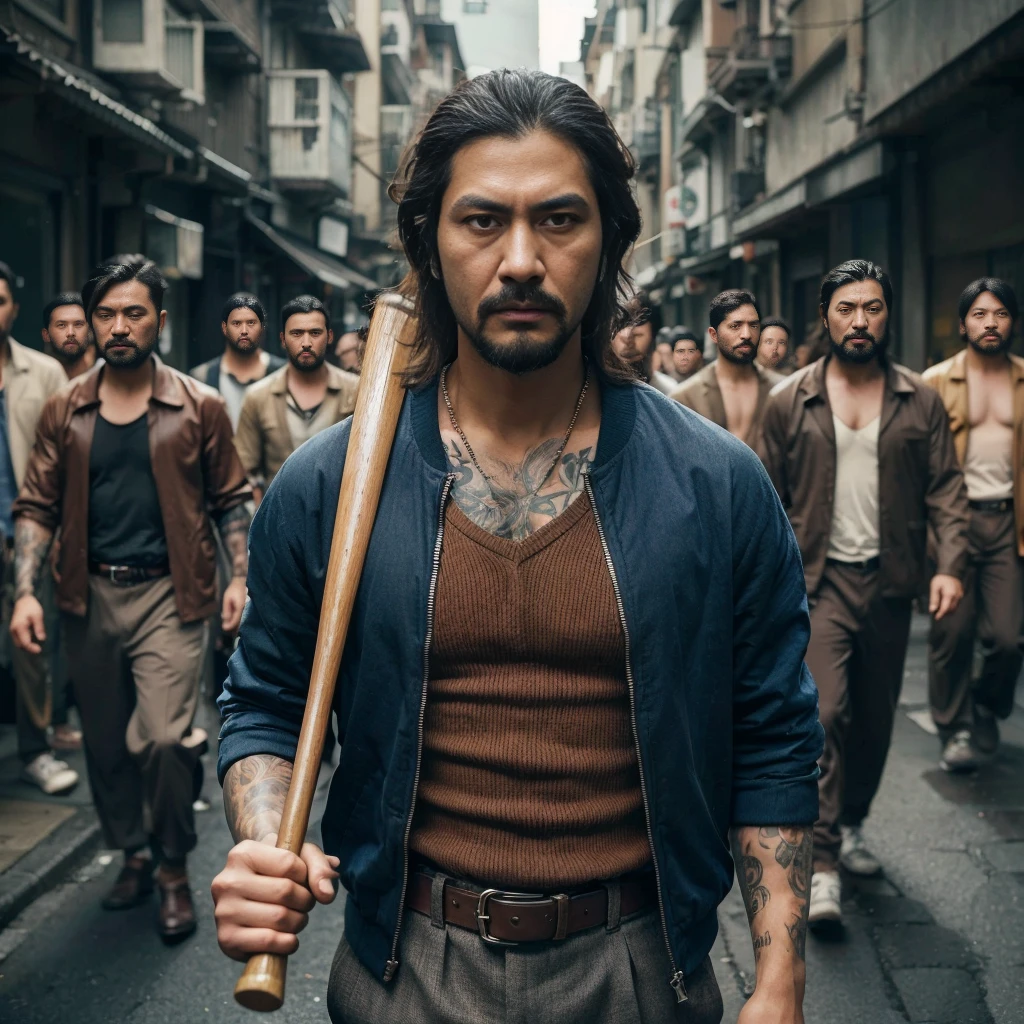 close up picture, Yakuza with long hair, mustache and beard, wearing a brown undershirt, wearing a blue jacket, holding a baseball bat leading dozens of his men to prepare for battle, they walk through a narrow street on the edge of the city, you can see lots of yakuza men walking through the street The background is narrow. street on the edge of town, cinematic, realistic, very detailed