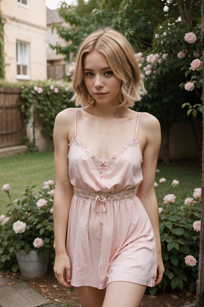 8k, RAW photo, Fujifilm, style photo of a beautiful young woman as avril in a garden of light pink roses (highly detailed skin: 1.2) Style-Petal BREAK short hair, blonde hair with colored locks, wearing a dress, film granulation, 35mm, cute style
