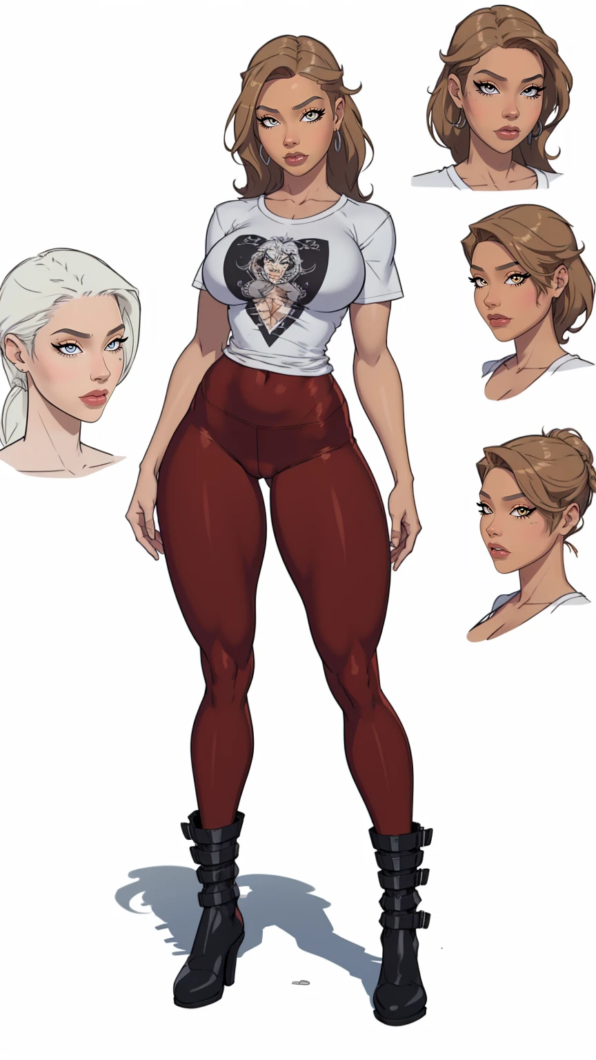 ((masterpiece)),(((best quality))),((character design sheet)), ((full body view)) illustration,Catalogue of sex slaves,1girl, thick thighs, ((detailed face:1.4)) promiscuous sex friend, rough sketches, between breasts,big breasts,vaginal secretions,(extremely detailed, realistic, intricate details, highres), solo, blush, freckles, eyeliner, eyeshadow, eyelashes, wearing leggings, oversized t-shirt, and combat boots, (large breasts, thick thighs, wide hips),hair accessories,seductive grin smug,solid color backdrop, clean backdrop