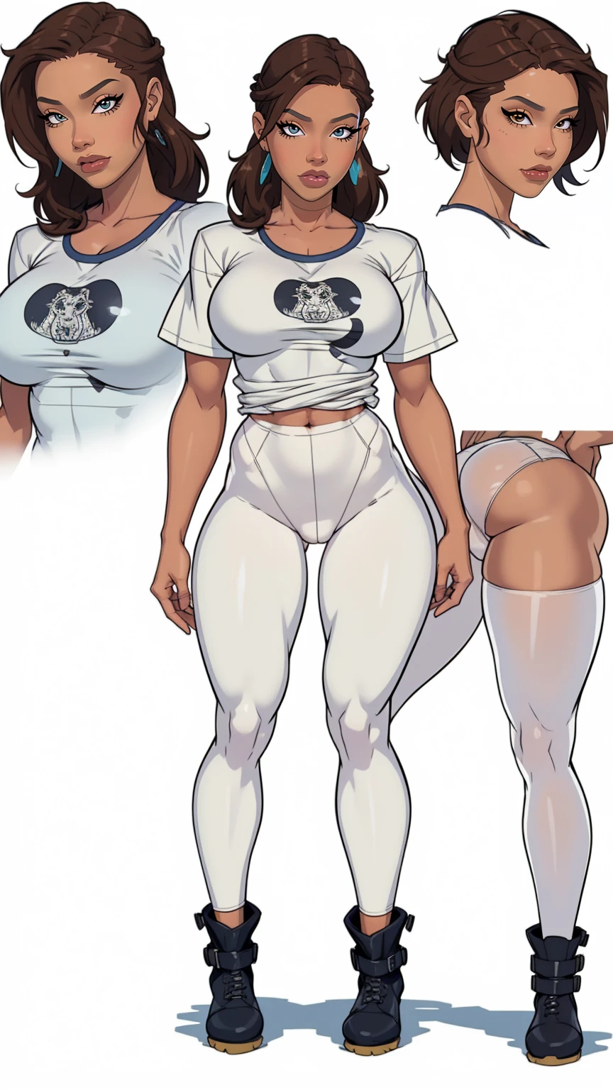 ((masterpiece)),(((best quality))),((character design sheet)), ((full body view)) illustration,Catalogue of sex slaves,1girl, thick thighs, ((detailed face:1.4)) promiscuous sex friend, rough sketches, between breasts,big breasts,vaginal secretions,(extremely detailed, realistic, intricate details, highres), solo, blush, freckles, eyeliner, eyeshadow, eyelashes, wearing leggings, oversized t-shirt, and combat boots, (large breasts, thick thighs, wide hips),hair accessories,seductive grin smug,solid color backdrop, clean backdrop
