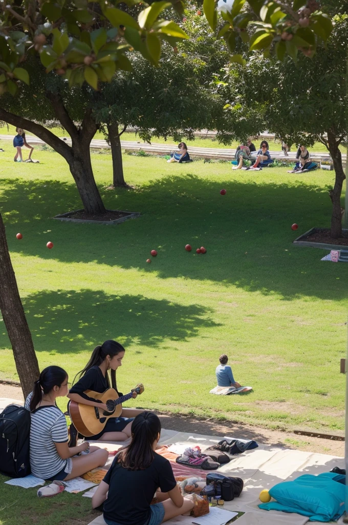 Small Brazilian fruit orchard at a university, students studying sitting and others lying on the grass eating fruit, next door a snooker games room, plaid, playing music with guitar.