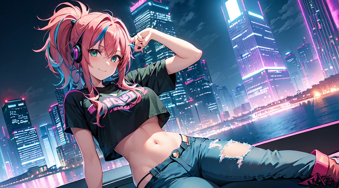 masterpiece, One girl ((20-year-old, Crop top T-shirt exposes navel, Tight blue jeans, boots, Medium chest, Multicolored pink hair, Twin ponytail, Green Eyes, make out, Happy, Big smile, To the camera, Headphones, Ride a futuristic motorbike in the middle of a modern city, Towering skyscrapers with neon lights, Modern and energetic atmosphere), ((at night))