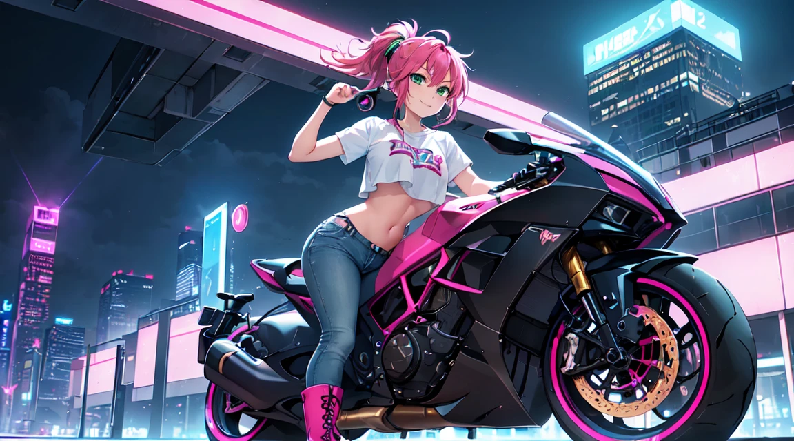 masterpiece, One girl ((20-year-old, Crop top T-shirt exposes navel, Tight blue jeans, boots, Medium chest, Multicolored pink hair, Twin ponytail, Green Eyes, make out, Happy, Big smile, To the camera, Headphones, Ride a futuristic motorbike in the middle of a modern city, Towering skyscrapers with neon lights, Modern and energetic atmosphere), ((at night))