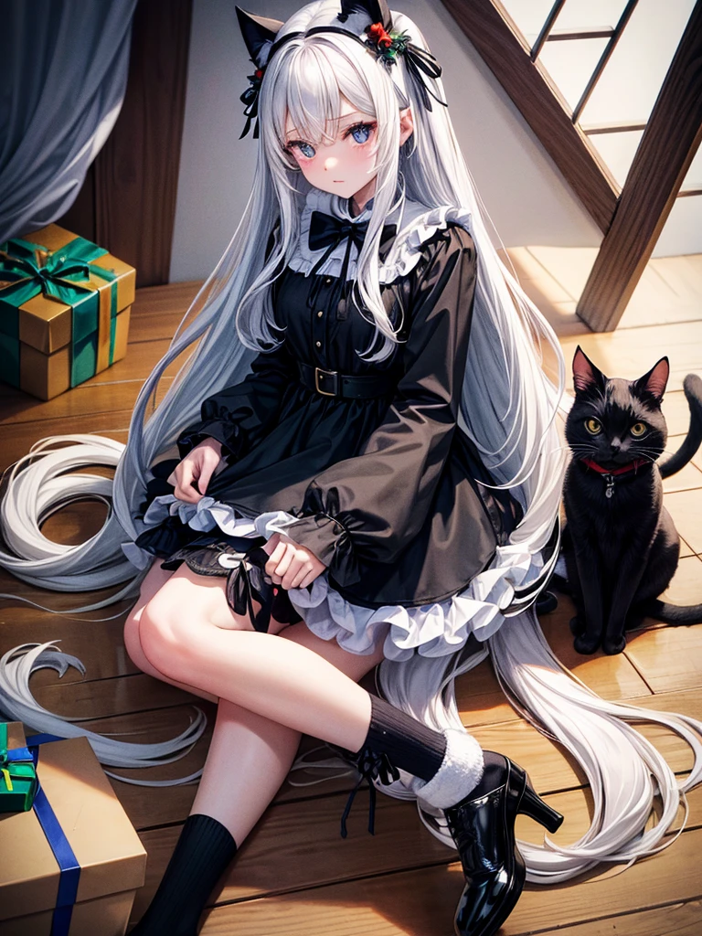 White long hair girl black eyes have black cat mask on right side of head wearing blue christmas dress blue christmas socks black shoes