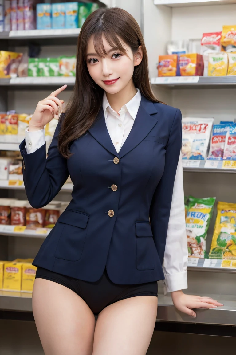 Convenience store clerk cashier , Highest quality, shape, Very detailed, In detail, High resolution, 8k wallpaper, Perfect dynamic composition, Beautiful details,  Natural Lip,  uniform  shot , , Lawson's uniform is open，Cleavage, She is smiling happily while looking back in an  pose. ..., A masterpiece of the whole body, Whole shot