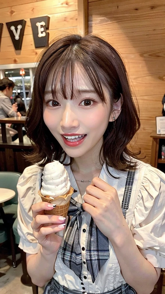 1girl, solo, open mouth,toothy smile, brown short hair,looking at viewer, white shirt, bow,holding, jewelry, earrings, food, indoors, plaid, eating in the cafe, holding food, realistic, ice cream, ice cream cone