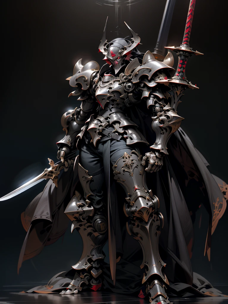 Knight of Arafed standing with sword in dark room, Burnt armor, Black fire-colored reflective armor, Steampunk Bio Armor, Redwood Forest themed armor, Satanic dragon inspired armor, Damaged armor, Gothic Armor, Black and reddish colored armor, Cyberpunk Flame Suit, prince crown of Black Gears, Zombie Cyborg, Satanic! Competitionium!, Black Leather Armor, Black Gears, Fire Sword, (alone), (1 person)