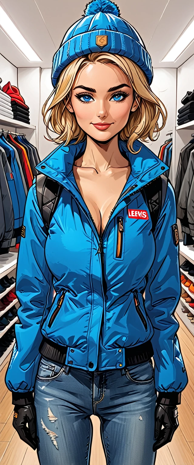 ((white changing room in the store)), smile, cloth store,fullbody, girl in Blue down jacket and levis (jeans) and gloves and hiking boots and 
winter synthetic vest and winter pants and (winter hat) in a dynamic pose, adult, [Nordic], Hourglass elongated fitness body, perfect Olive skin, Oval Face, Long neck, Rounded shoulders, perfect hand, Attached Pointed ears, round forehead, (Short blonde Waves pixie hair), snub nose, Arched eyebrows, ((Monolid blue Eyes)), High Round Narrow cheekbones, Dimpled Cheeks, Rounded Chin, Rounded Jawline, Full nude Lips, (blue eyes), Nude Makeup Look, long eyelashes, third breast size, ong slim fitness legs, graphic style of novel comics, perfect hands, 2d, 8k, hyperrealism, masterpiece, high resolution, best quality, ultra-detailed, super realistic, Hyperrealistic art, high-quality, ultra high res, highest detailed, lot of details, Extremely high-resolution details, incredibly lifelike, colourful, soft cinematic light,