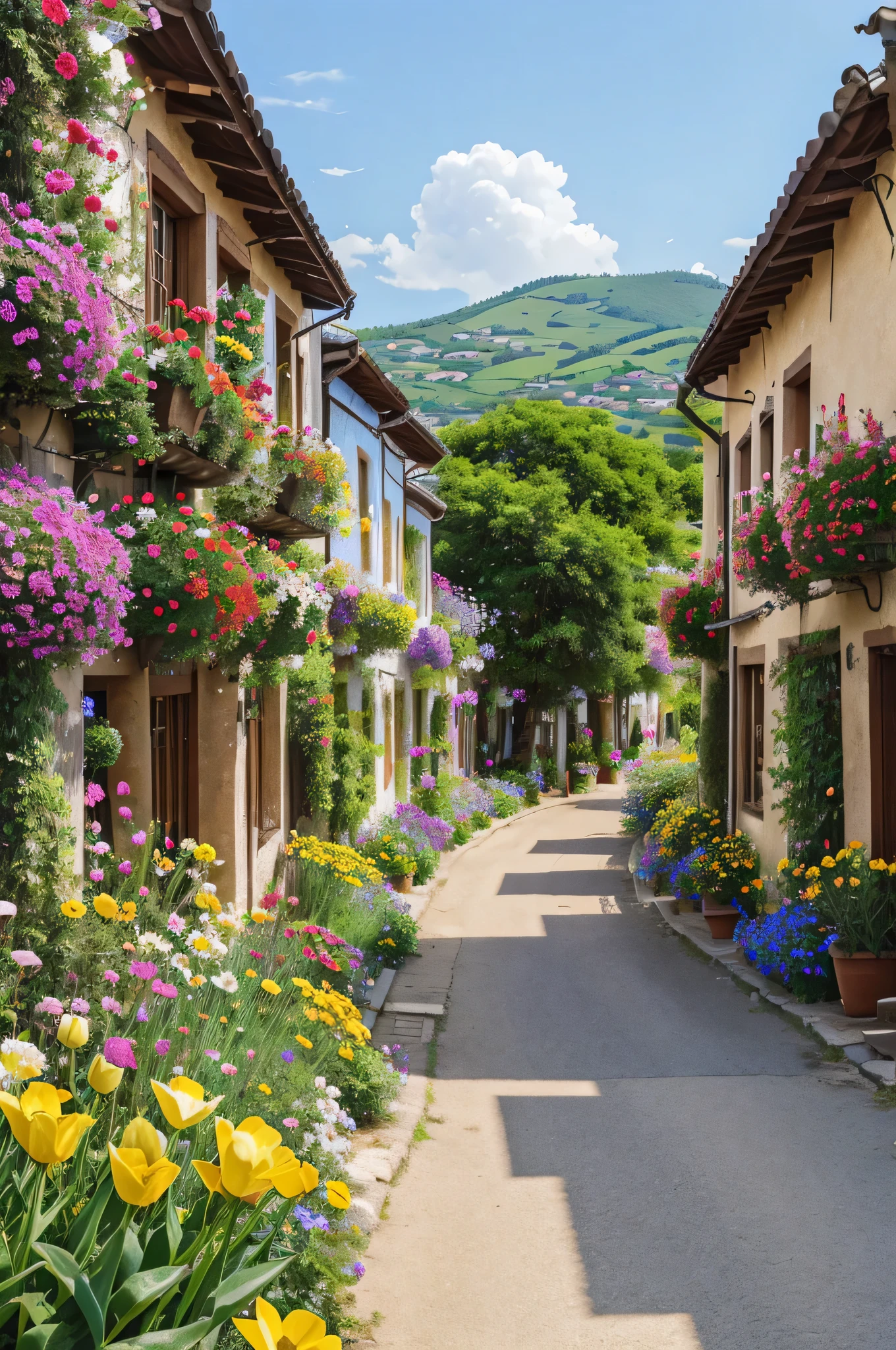 A village, Blooming and vibrant, with flowers in full bloom and a bright, floral color scheme.