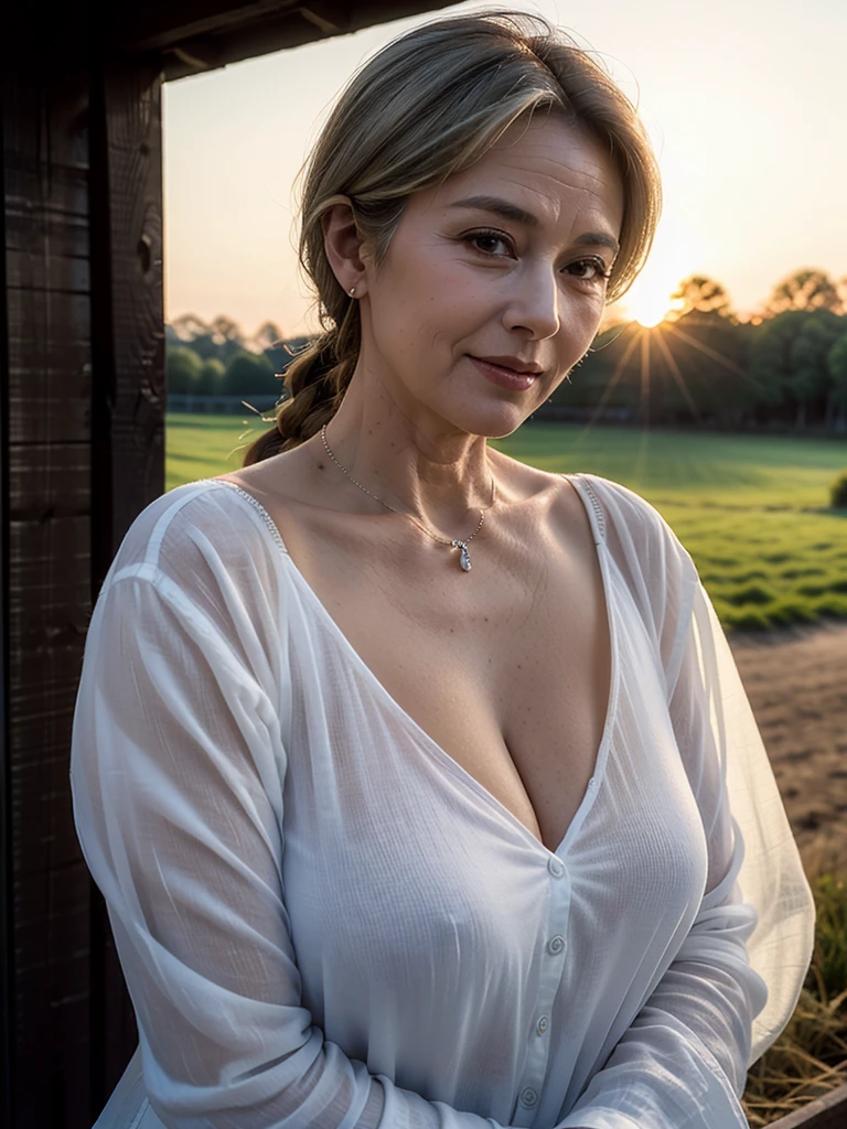 (masterpiece:1.4),mature woman, old lady, (((Beautiful 61 year old woman:1.5))),(Facial wrinkles : 1.2),(white sheer linen shirt with front open : 1.2), (bra : 1.1), jeans, blanket, simple necklace, (plump body : 1), extremely white skin, pores, skin blemishes, dull skin, gentle smile, braided long hair, enormous saggy breasts, (hanging breasts), soft flabby breasts, on a barn, detailed backgrounds, sunrise, backlighting, (focus on her breasts)