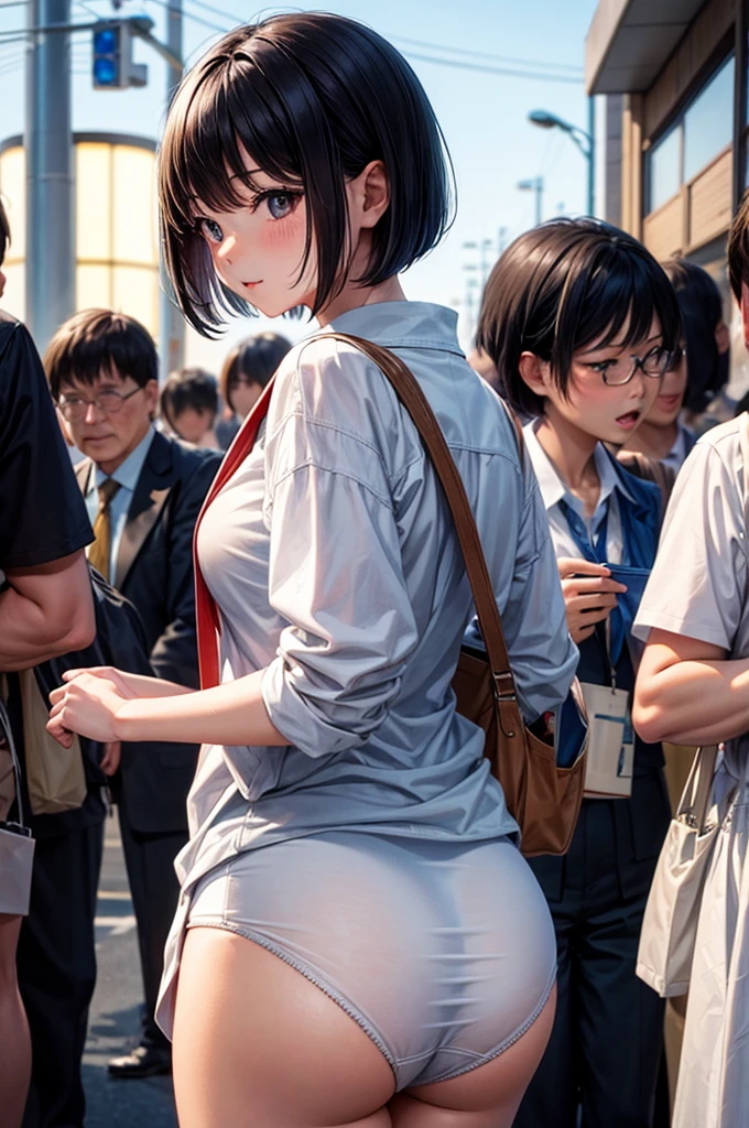 Best image quality, Japanese Classroom, Crowd, A lot of strangers, White underwear, Show your , Embarrassed face, solo, woman, Black Hair, Bob Hair