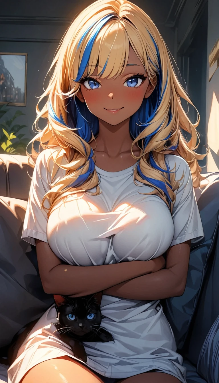 (highest quality:1.2, Very detailed, up to date, Vibrant, Ultra-high resolution, High Contrast, masterpiece:1.2, highest quality, Best aesthetics), Portraiture、girl、slim, Bright colors、Beautiful fine details、Beautiful lip detail、long hair, ((wavy hair:0.4))、messy hair, blonde and blue ((streaked hair:1.3)), highlights hair: 1.3, midium breast, (tan skin:1.3), 、t-shirt、(Holding a cat to her chest:1), sofa, smile, cowboy shot,, She is accompanied by her faithful friend, black cat