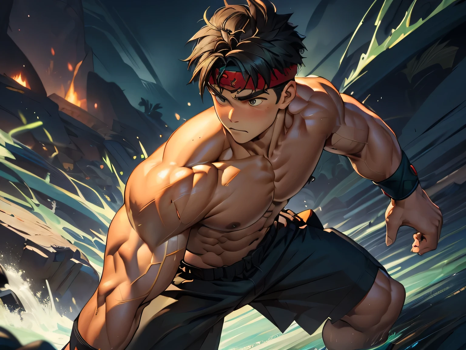 (Masterpiece, Best quality 17 year old boy, black background), Young, boy, muscler, Shirtless, topless, ((((solo, intense battle scene,heroic figure, surrounded by swirling green aura)))), (Dark Short straight hair, ((almost completely shaved hair)), under cut, brown eyes), (red headband, ((black wristband))), Vivid colors, ((hot Abs:1.2, abs!, big abs, big breast:1.2, chest!, muscler upper arms, clenched fist)), muscler!, muscler body, Man with martial arts stance, detailed face, detailed muscle, (((random fighting pose, powerful, action, rippling muscles, turquoise aura around body, concentrate, deep night, male focus, man of steel)))