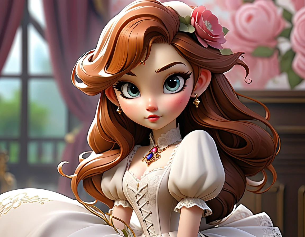 (best quality,4k,8k,highres,masterpiece:1.2),ultra-detailed, steampunk settings, Pretty princess, drawn in anime style, she’s cute and joyful, smiling, long red pigtails hair, pink eyes, small breast, lipstick, makeup, pink eyeshadow, long eyelashes, dainty and delicate body, red princess gown with puffy sleeves, physically-based rendering,gorgeous dress design,flowing gown,elaborate lace details,rich textures,contrast stitching,delicate ribbon bows,floral accents,long maxi skirt,short sleeves,fitted waistline,lace-up back,luxurious fabrics,flawless silhouette, petticoat, bustle, corset, hair ribbons, white elbow gloves, ruby earrings and necklace, gold tiara, high heels, holding a magic fire wand, standing in princess bedroom with lacy curtains and red floral wallpaper.